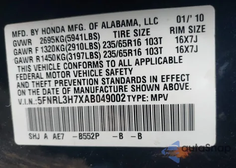 2010 Honda Odyssey Ex-L z USA, uszkodzony, nr VIN 5FNRL3H7XAB049002